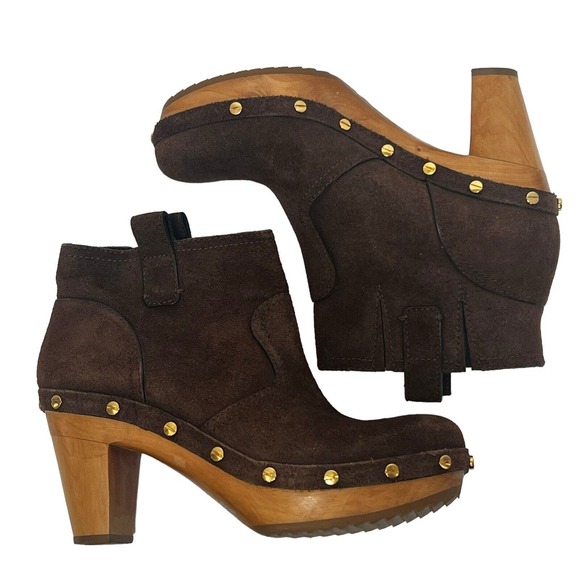 Tory Burch Ginevra Brown Suede Heeled Studded Ankle Boots Size 8M Clog - Picture 1 of 13